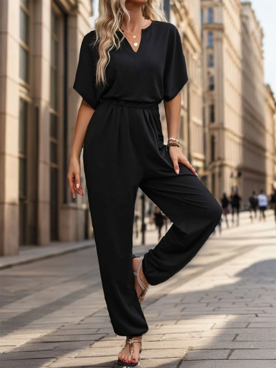 Notched Half Sleeve Straight Jumpsuit