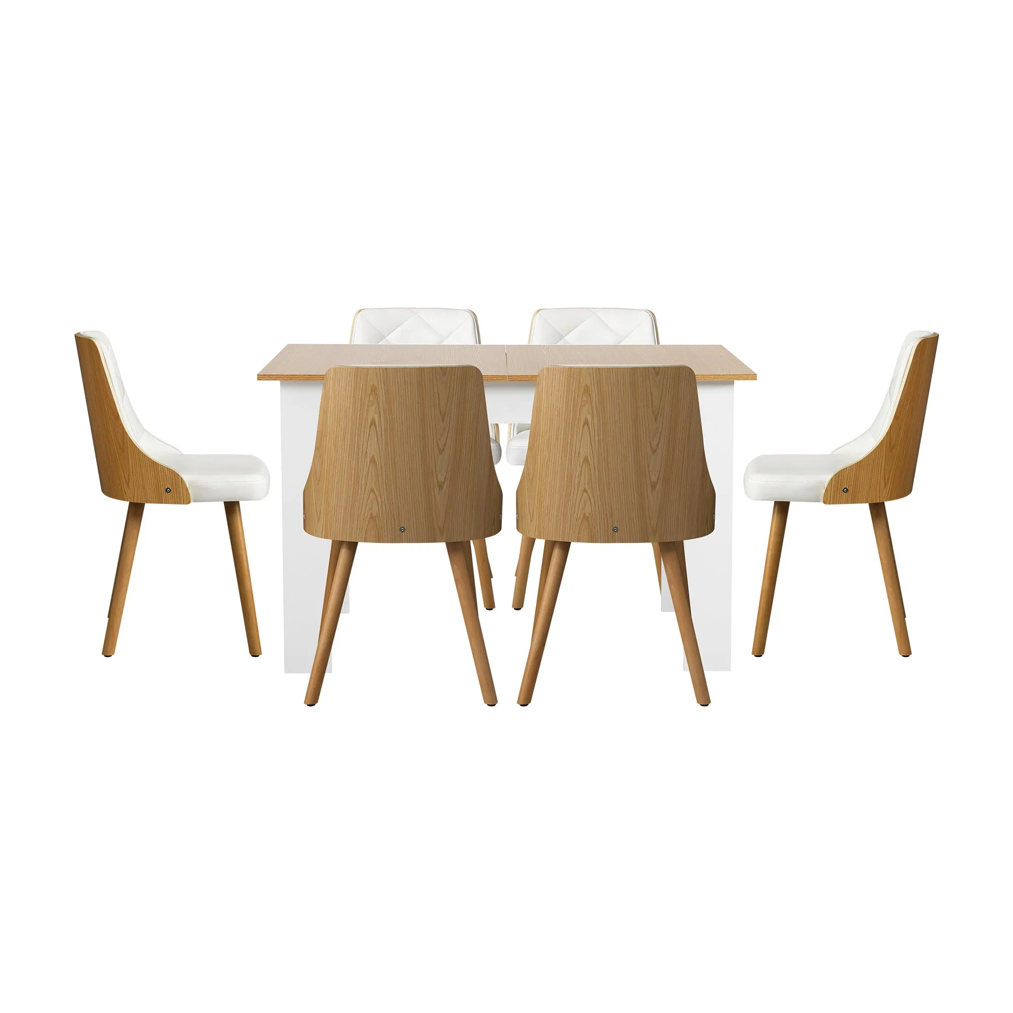 Oikiture 160cm Extendable Dining Table with 6PCS Dining Chairs PU Leather White