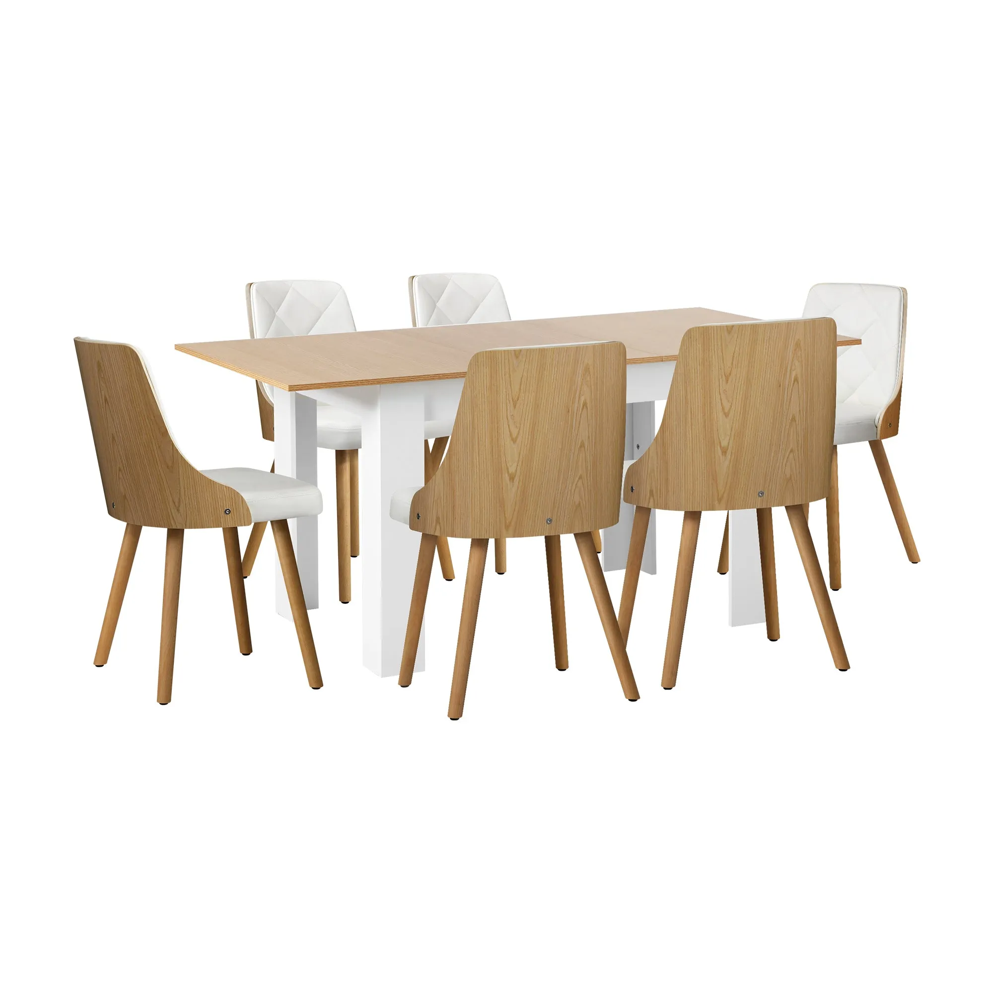 Oikiture 160cm Extendable Dining Table with 6PCS Dining Chairs PU Leather White