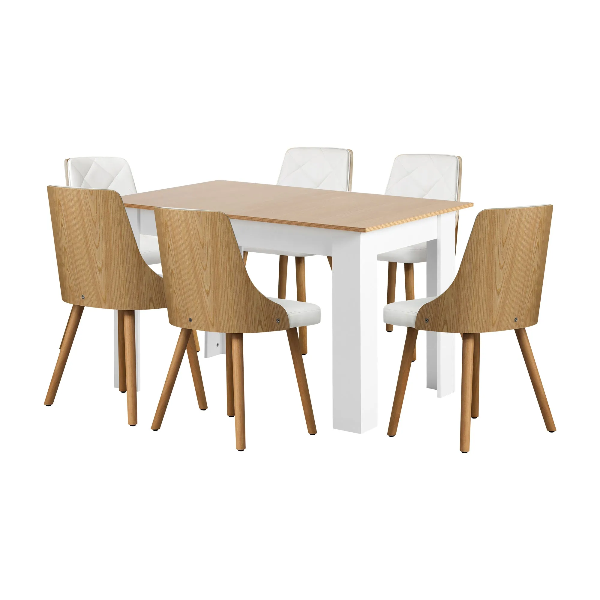 Oikiture 160cm Extendable Dining Table with 6PCS Dining Chairs PU Leather White