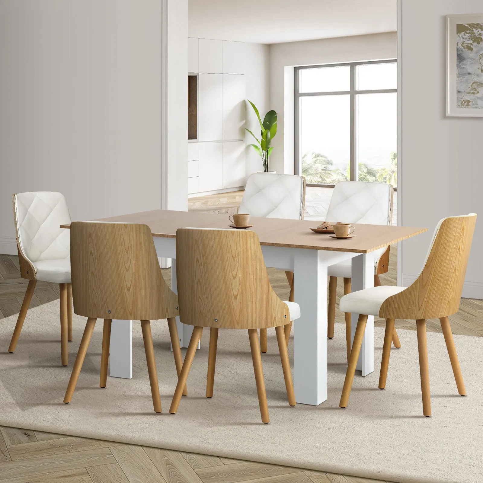 Oikiture 160cm Extendable Dining Table with 6PCS Dining Chairs PU Leather White