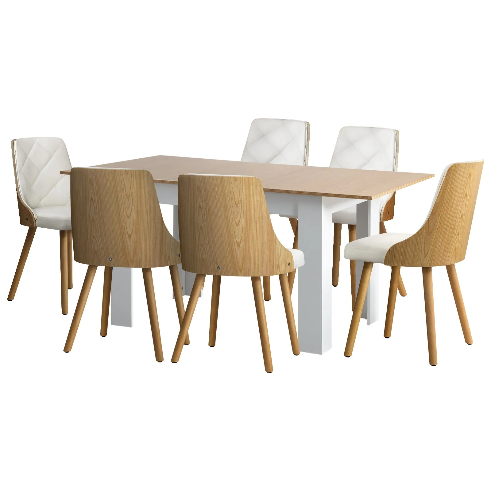 Oikiture 160cm Extendable Dining Table with 6PCS Dining Chairs PU Leather White