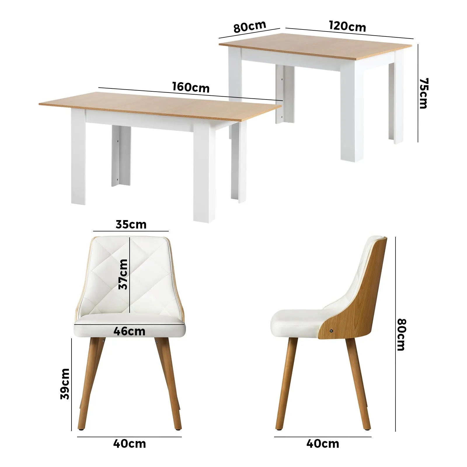 Oikiture 160cm Extendable Dining Table with 6PCS Dining Chairs PU Leather White