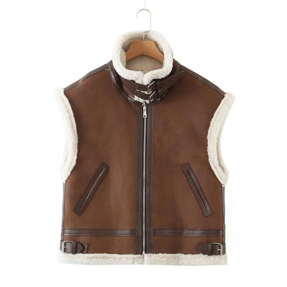 Oversized Pleather Faux Fur Shearling Vest Jacket Fur Collar