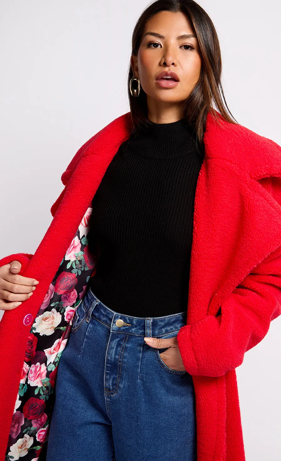 Oversized Red Teddy Coat by Vogue Williams