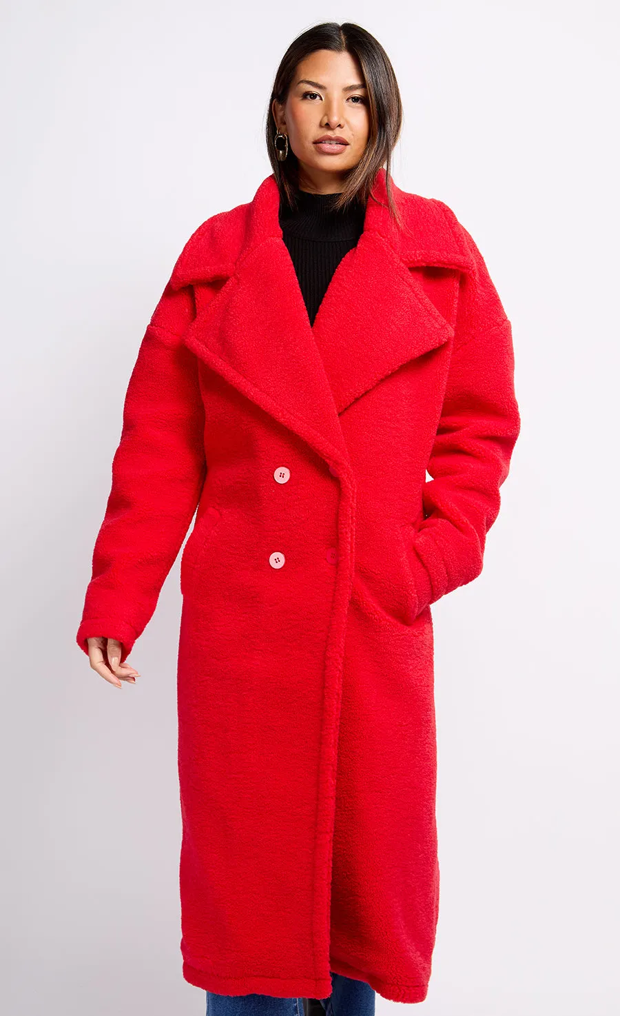 Oversized Red Teddy Coat by Vogue Williams