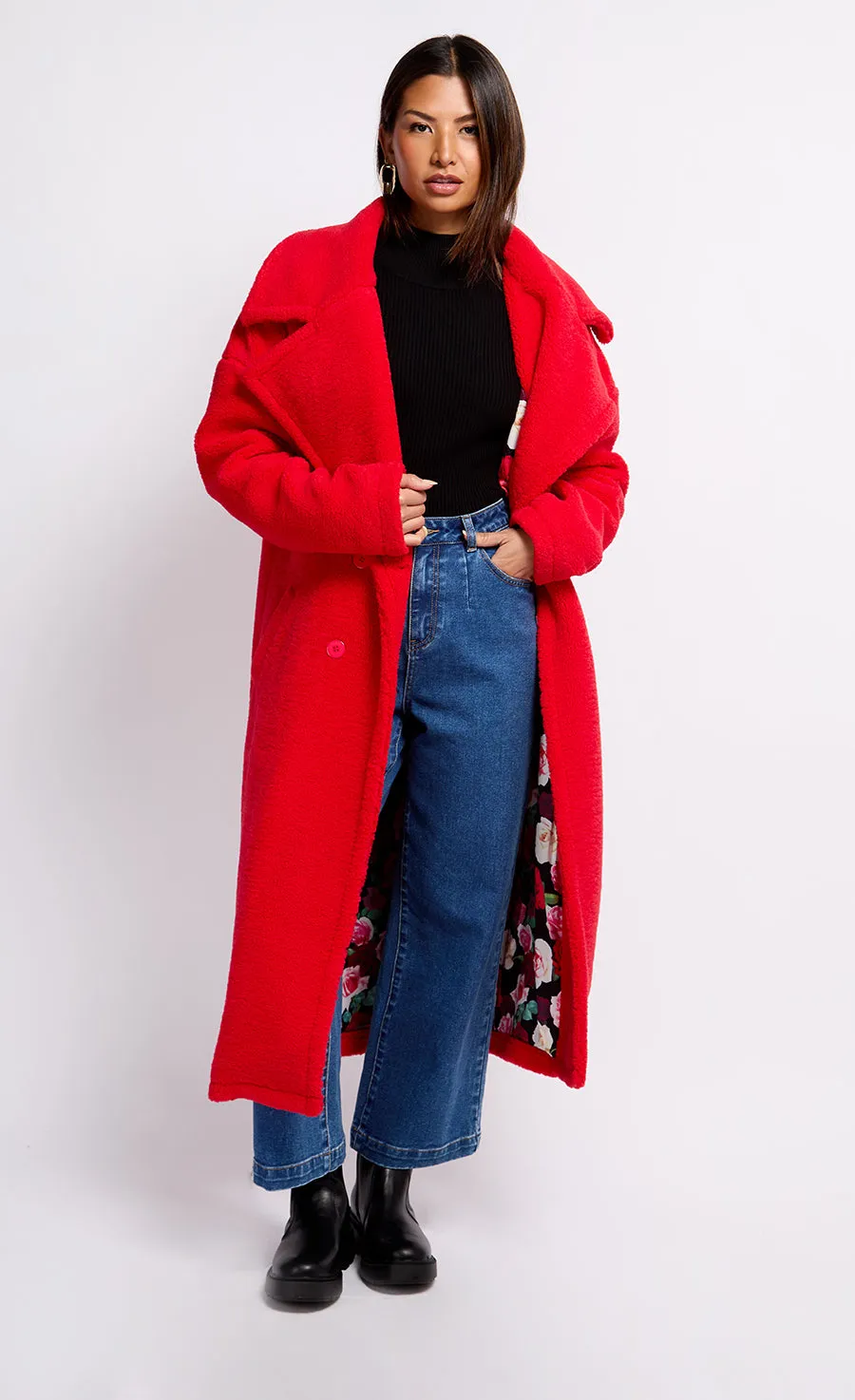 Oversized Red Teddy Coat by Vogue Williams