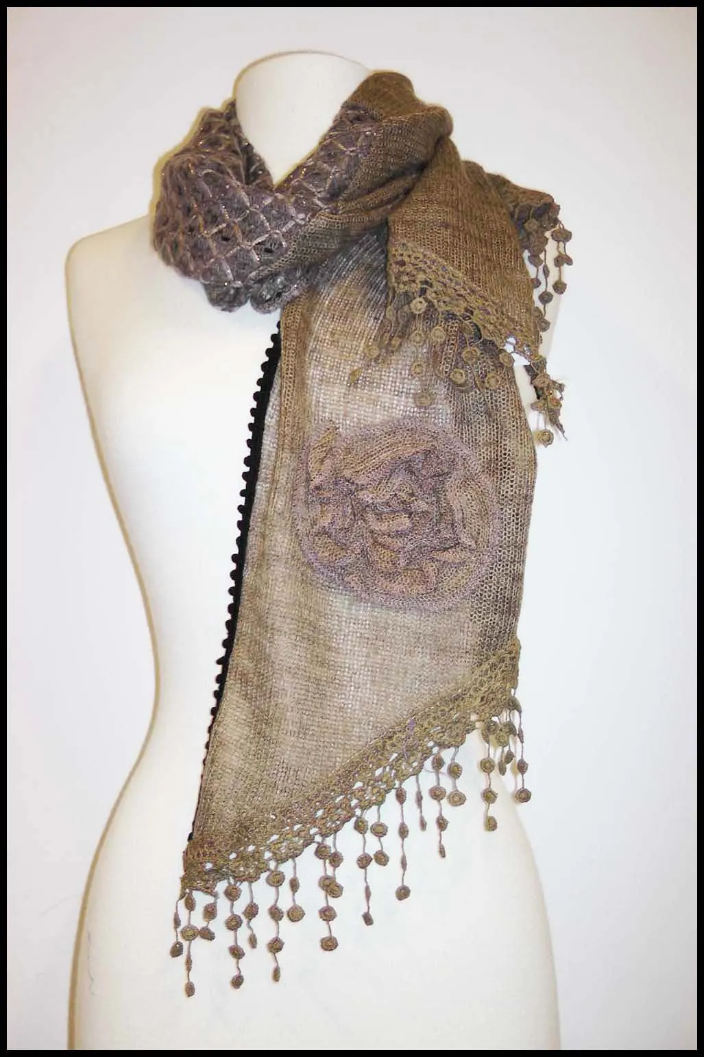 Patchwork Panel Scarf with Floral Rosette Detailing and Crocheted Fringed Edges