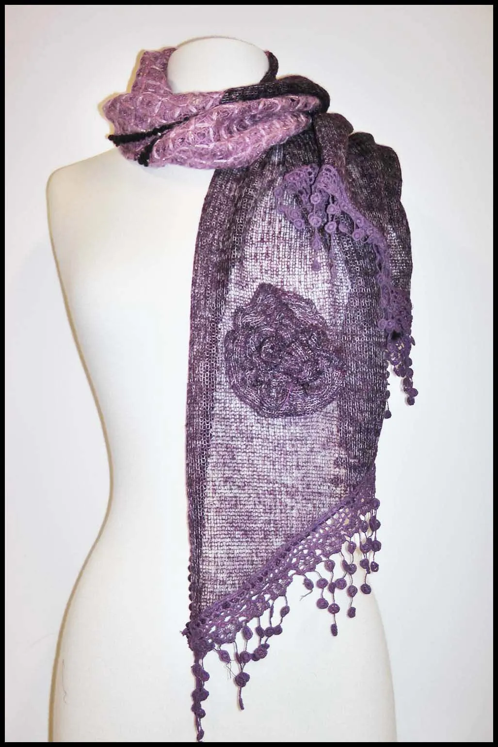 Patchwork Panel Scarf with Floral Rosette Detailing and Crocheted Fringed Edges