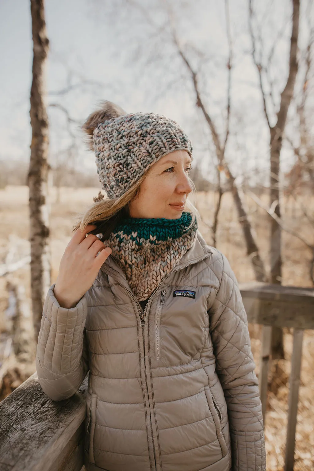 Pearl Gray, Blue, and Teal Merino Wool Fair Isle Hand Knit Cowl