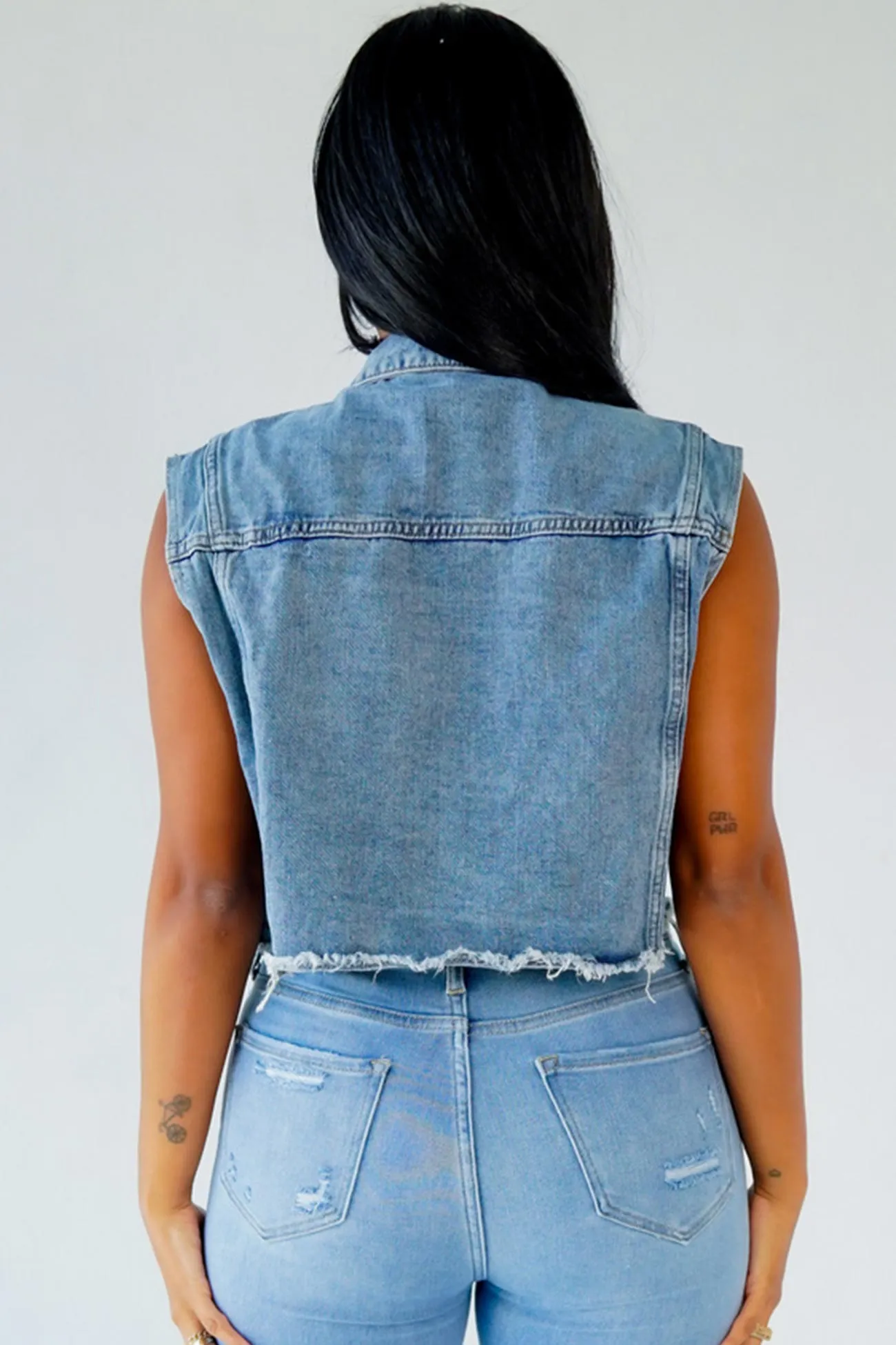 Pearl Rhinestone Distressed Denim Tank Top