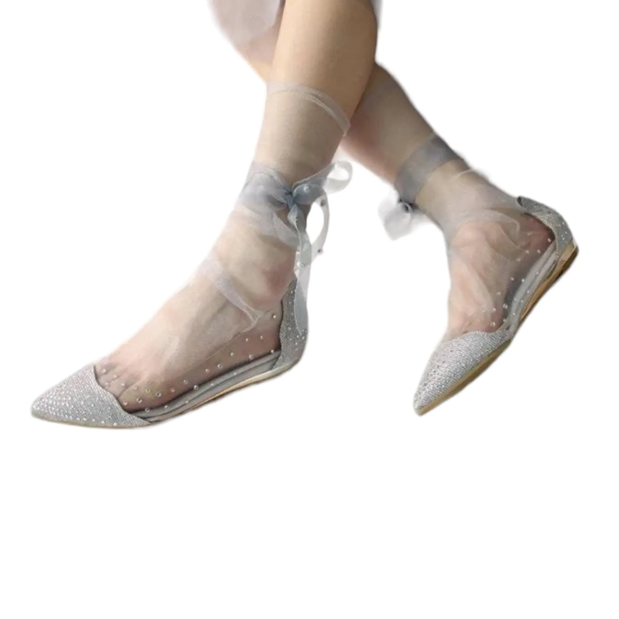 Pearl Ribbon Tie Sheer Ankle Socks