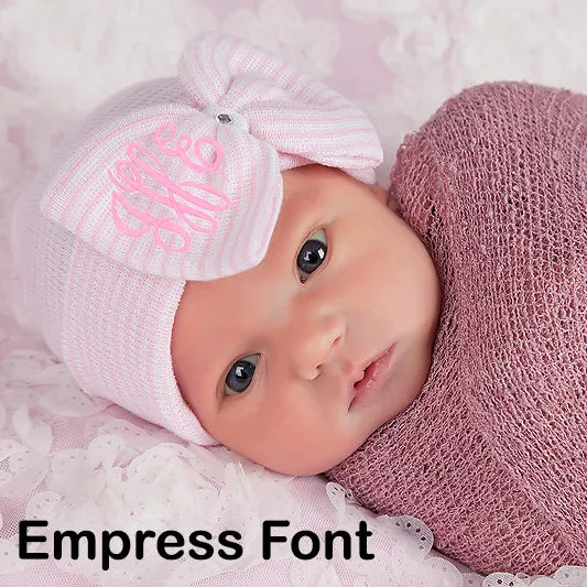 Personalized Pink and White Striped Newborn Baby Girl Nursery Beanie Hat With Big Bow and Gem Infant Beanie Hat