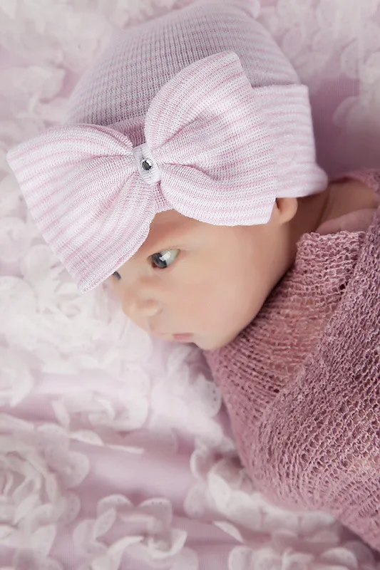 Personalized Pink and White Striped Newborn Baby Girl Nursery Beanie Hat With Big Bow and Gem Infant Beanie Hat