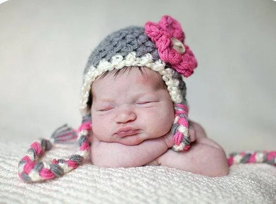 Pink Gray White Earflap Flower Beanie Hat