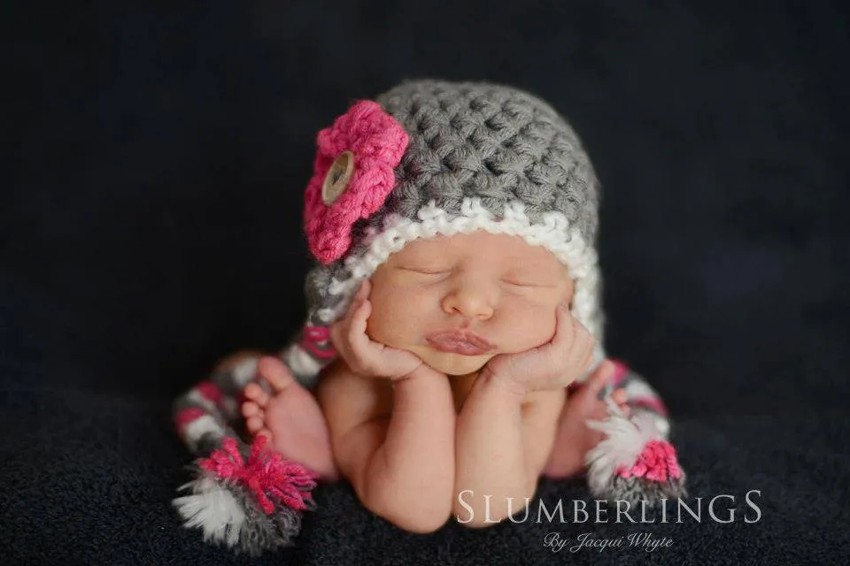 Pink Gray White Earflap Flower Beanie Hat