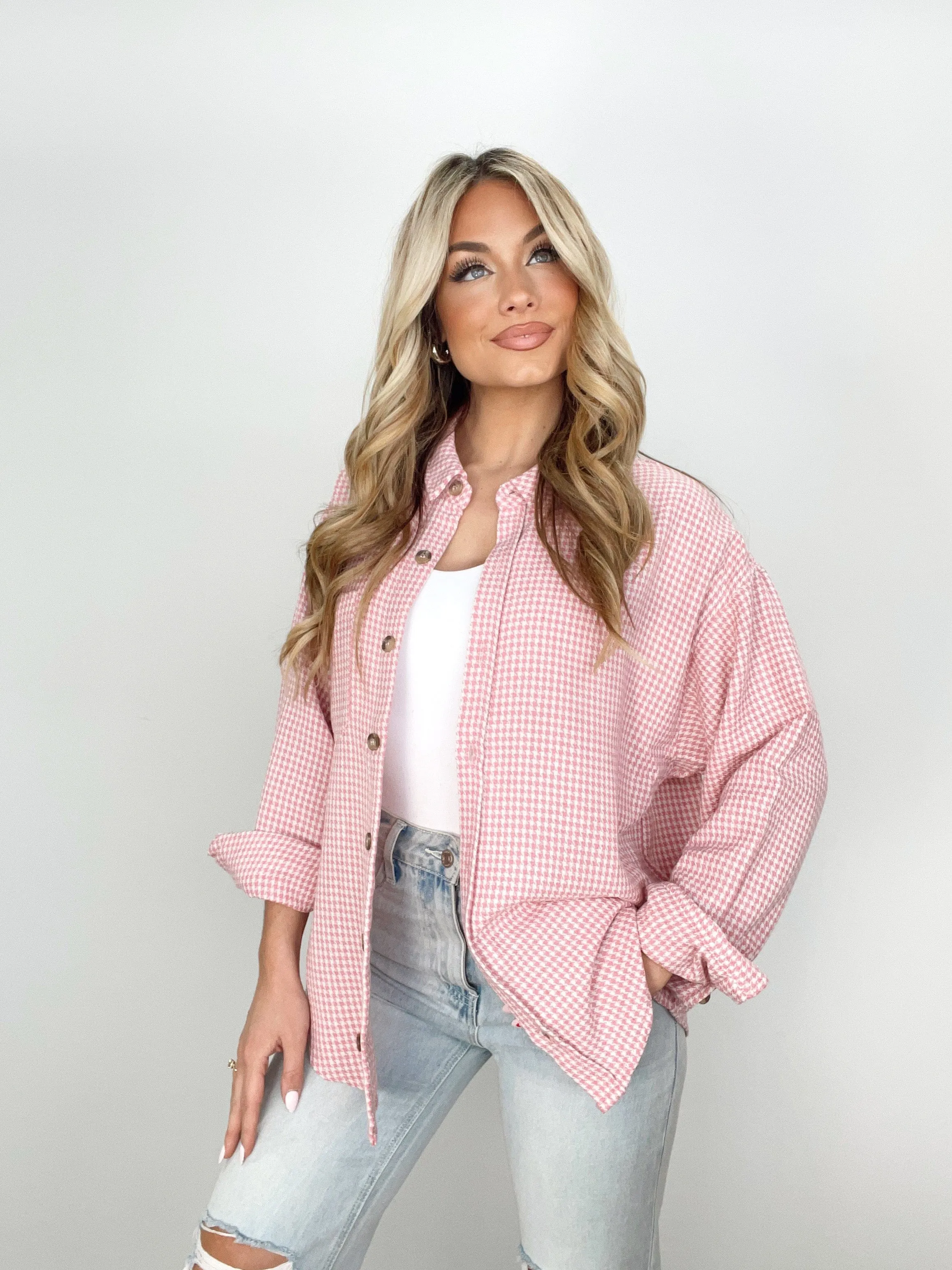 Pink Houndstooth Shacket