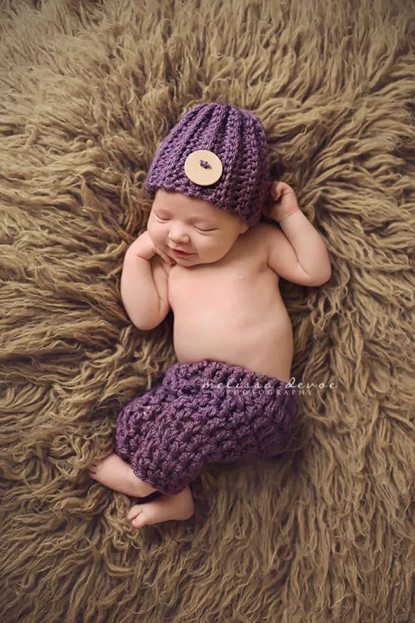 Plum Purple Newborn Pants and Hat Set