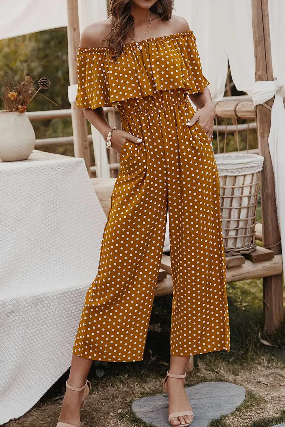 Polka Dot Off Shoulder Jumpsuit With Pockets