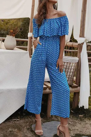 Polka Dot Off Shoulder Jumpsuit With Pockets