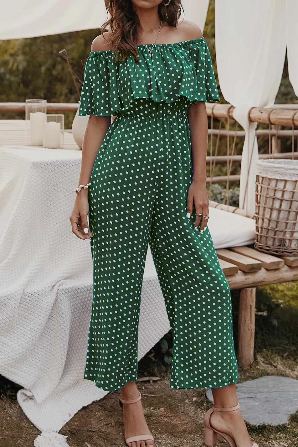 Polka Dot Off Shoulder Jumpsuit With Pockets