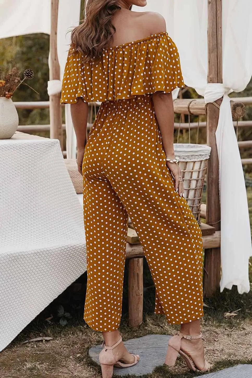 Polka Dot Off Shoulder Jumpsuit With Pockets