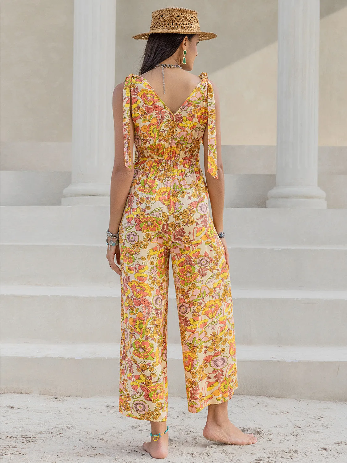 Printed V-Neck Tie Shoulder Jumpsuit