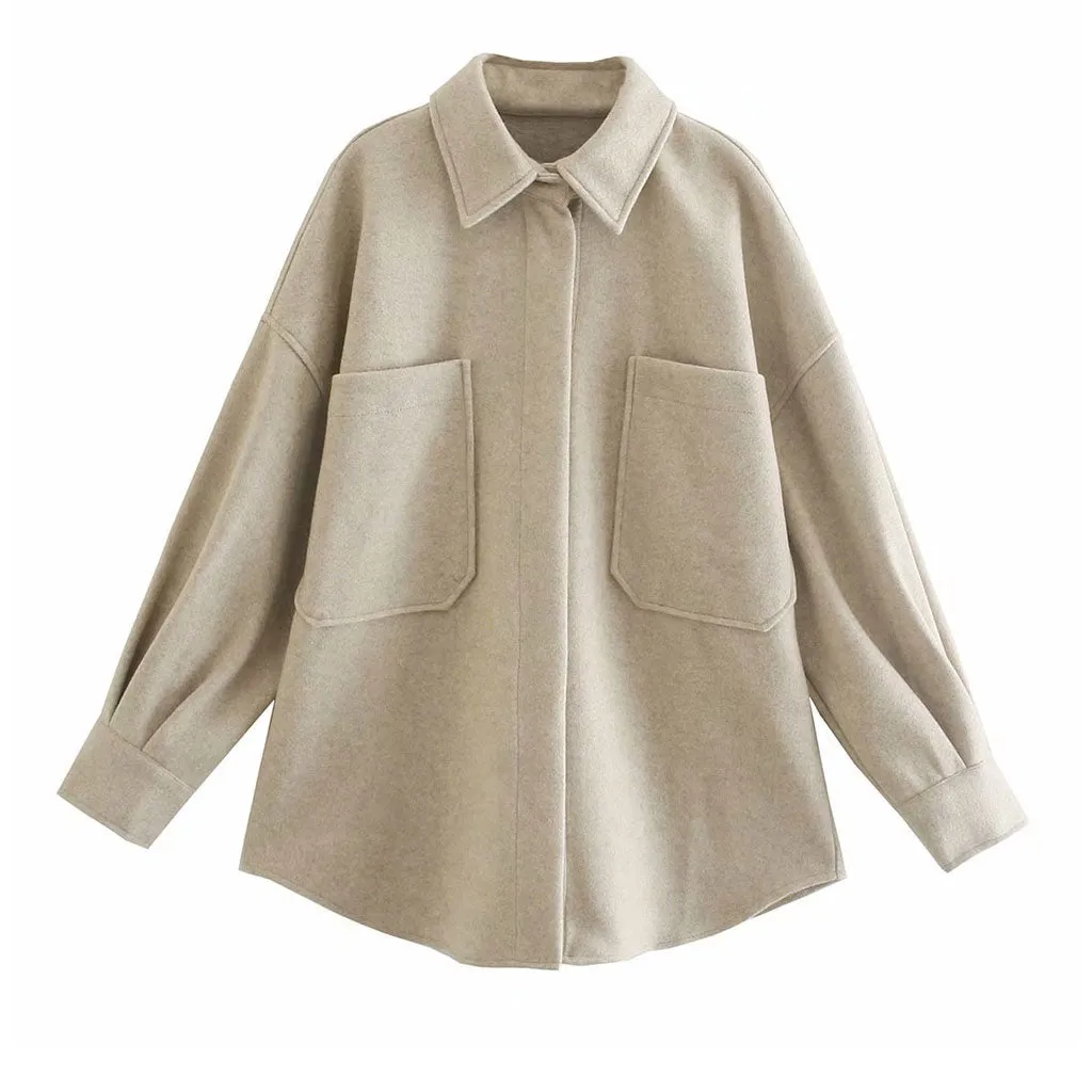 Puff Sleeve Pocket Front Single Breasted Woolen Shacket- Beige