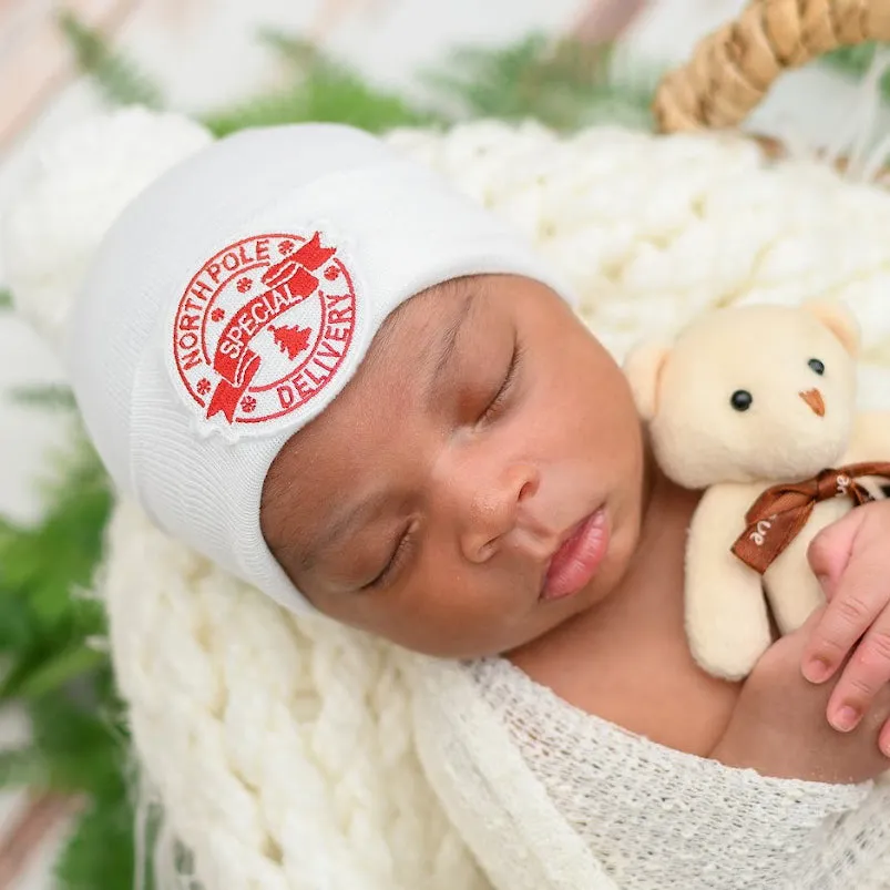 Red or White North Pole Special Delivery with White Fuzzy Pom Pom - Gender Neutral Christmas Hat for Newborns