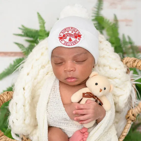 Red or White North Pole Special Delivery with White Fuzzy Pom Pom - Gender Neutral Christmas Hat for Newborns