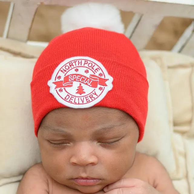 Red or White North Pole Special Delivery with White Fuzzy Pom Pom - Gender Neutral Christmas Hat for Newborns