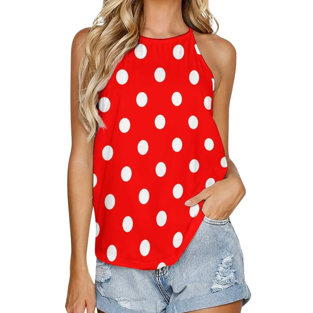 Red With White Polka Dots Women's Round-Neck Vest Tank Top