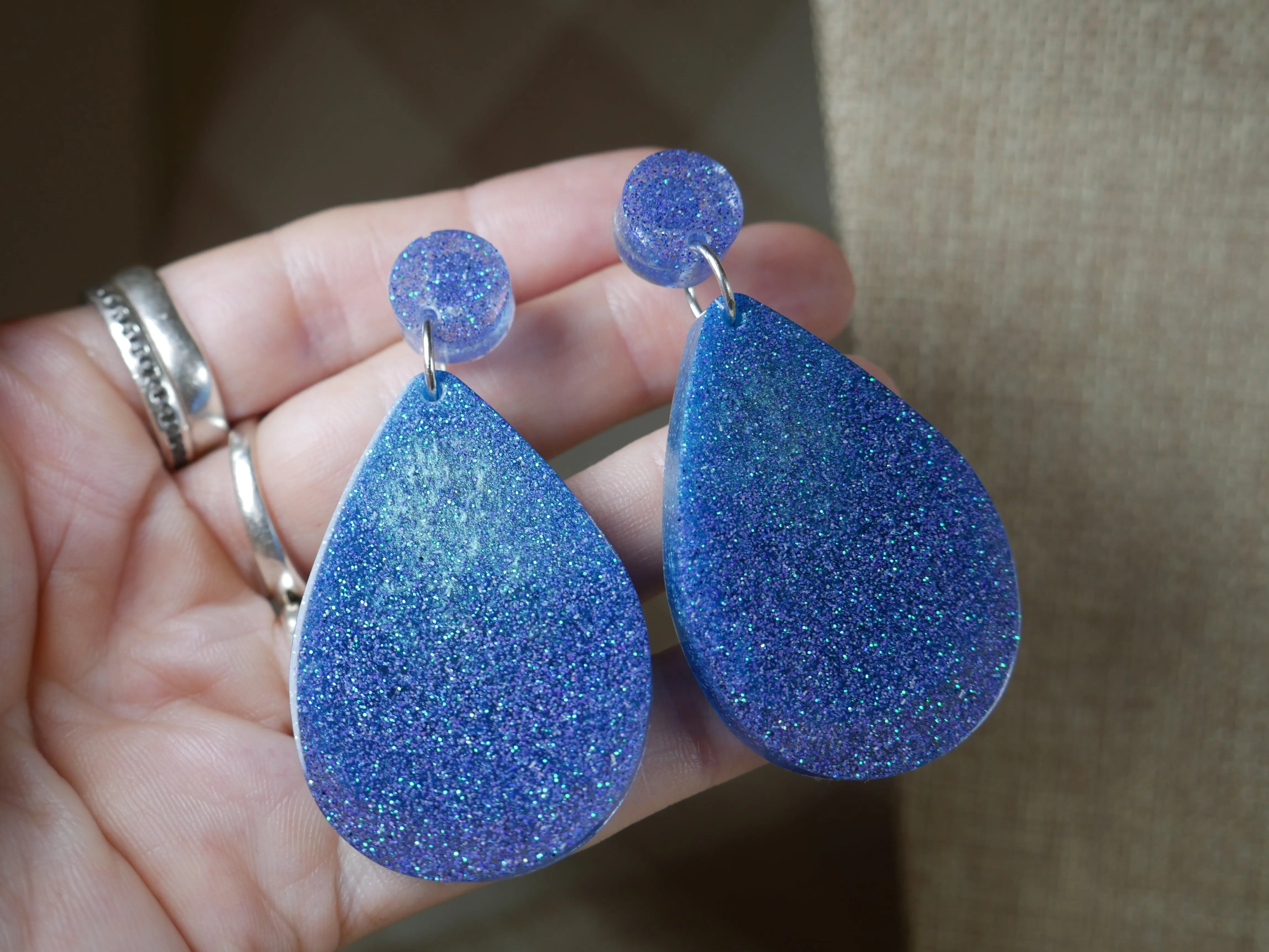 Resin Sparkly Blue Teardrop Shaped Earrings