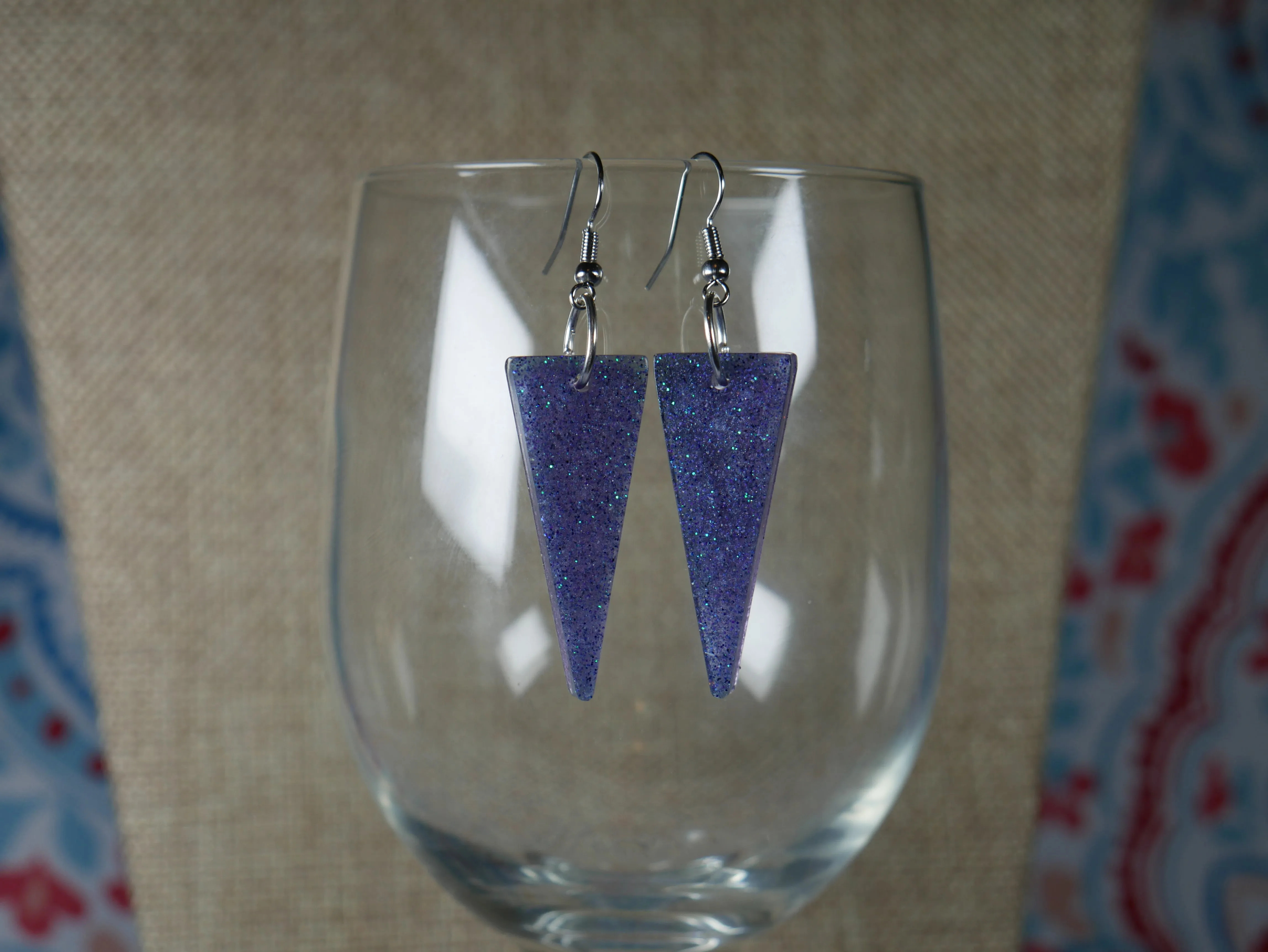 Resin Sparkly Blue Triangular Shaped Earrings