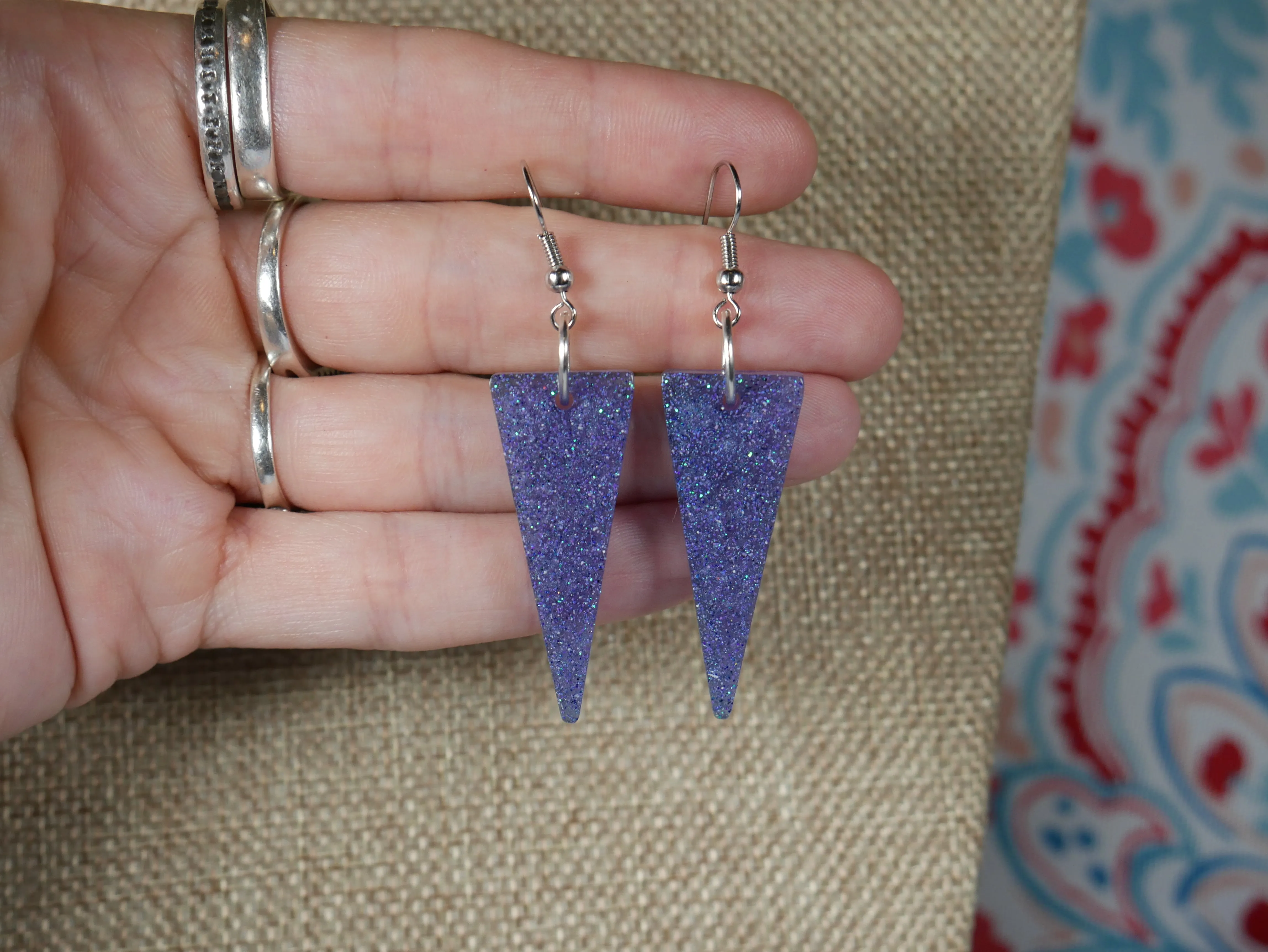 Resin Sparkly Blue Triangular Shaped Earrings