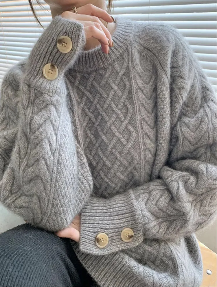 Retro Twist Thick Cuff Button Pullover Sweater