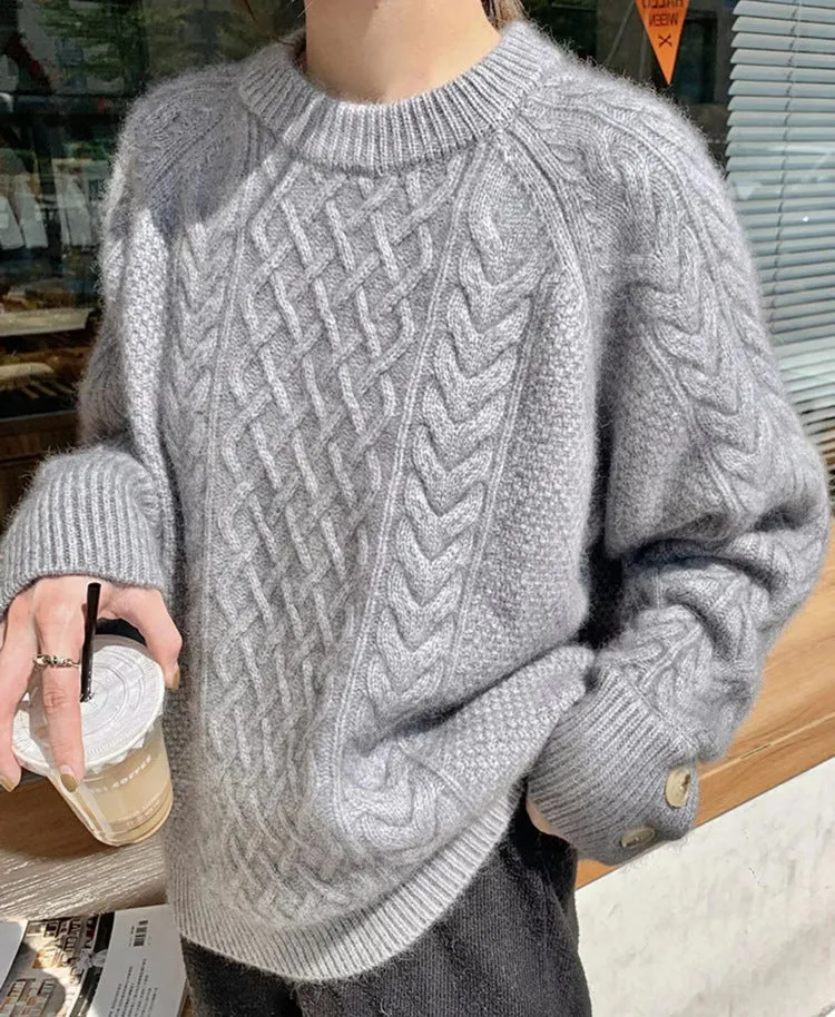 Retro Twist Thick Cuff Button Pullover Sweater