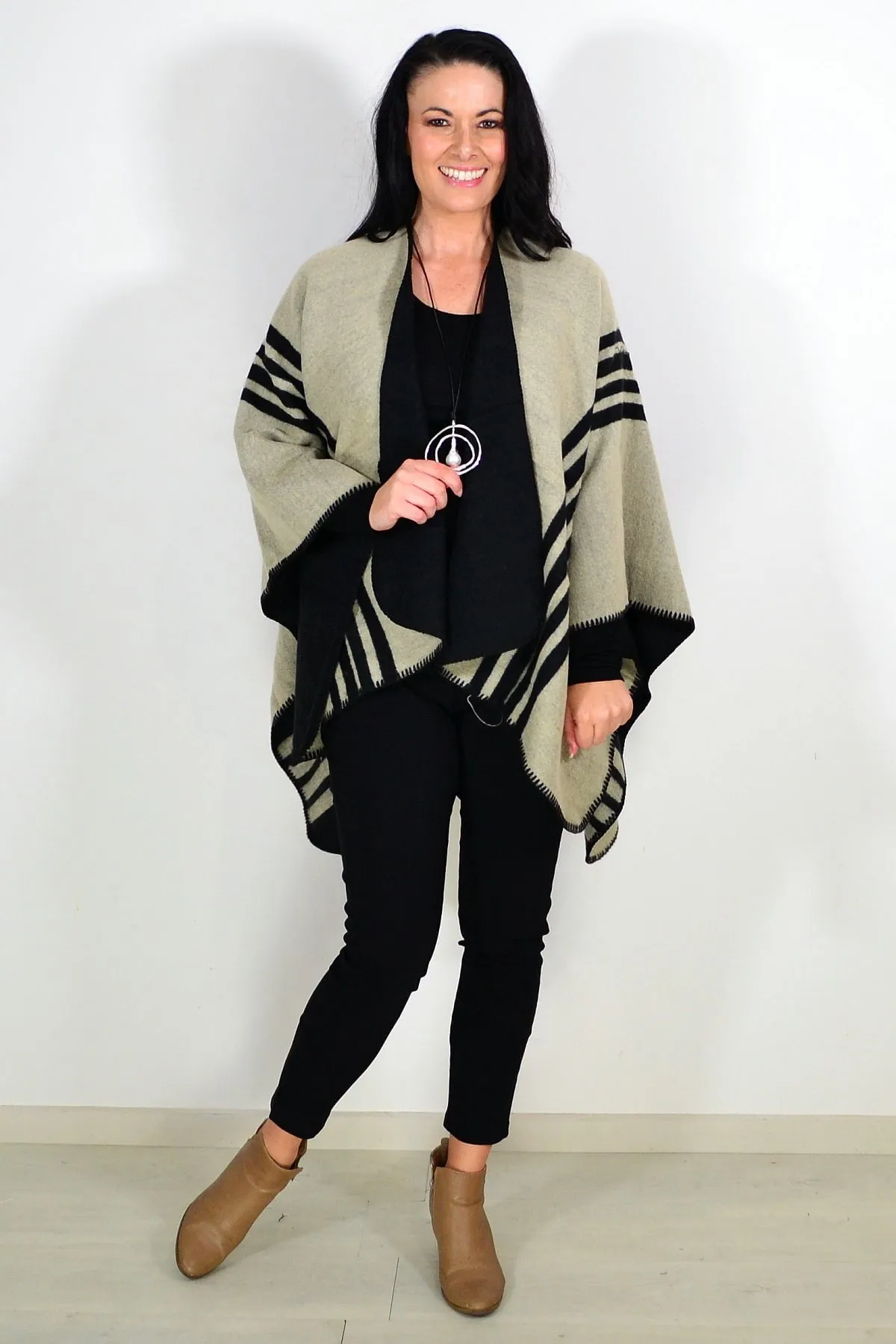 Reversible Beige Black Wool Blend Wrap