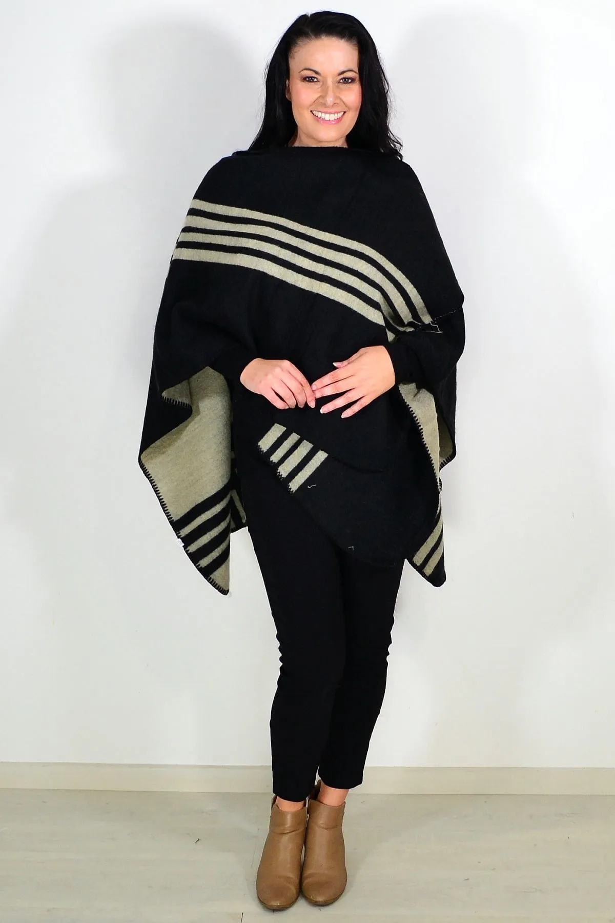 Reversible Beige Black Wool Blend Wrap