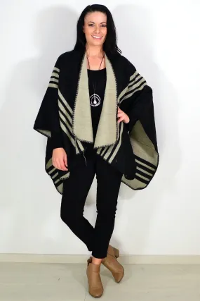 Reversible Beige Black Wool Blend Wrap