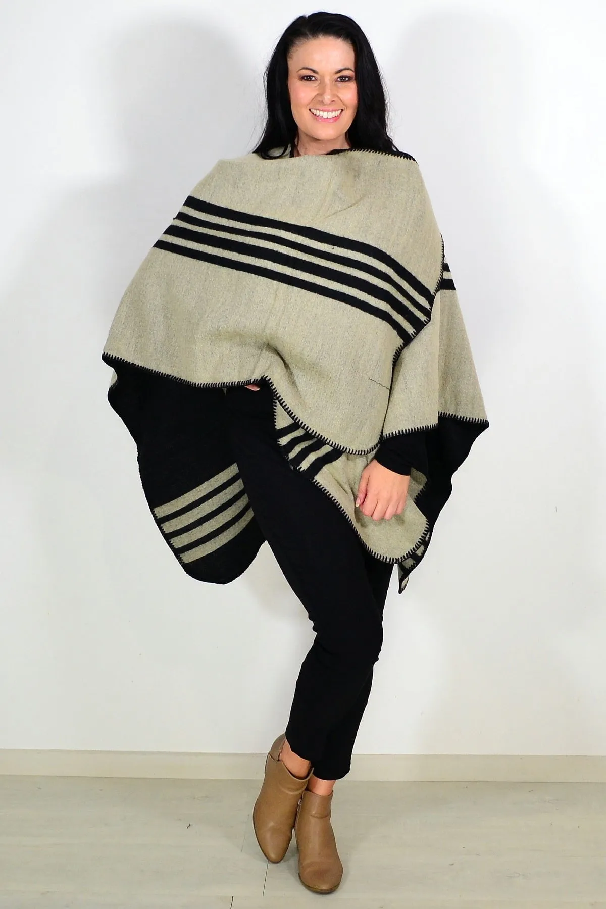 Reversible Beige Black Wool Blend Wrap