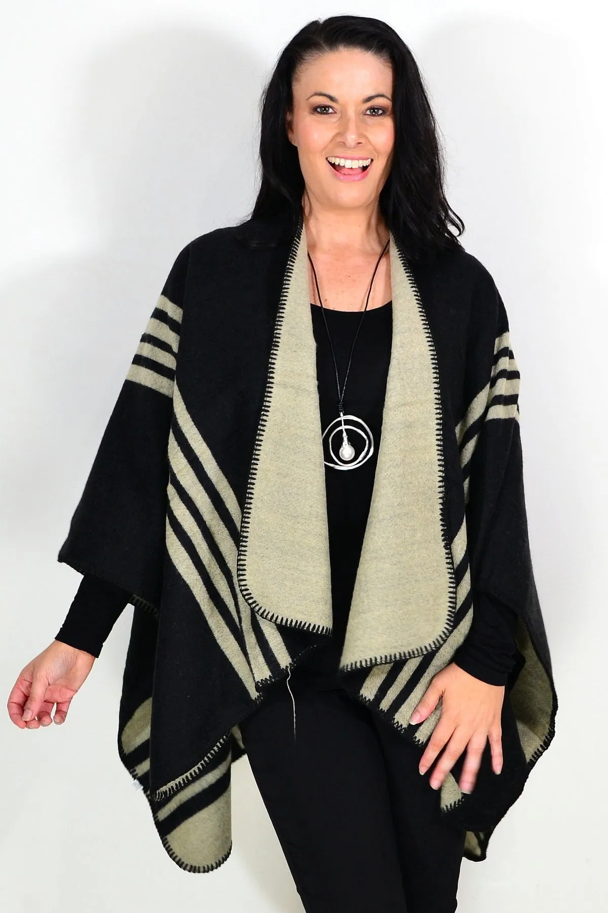 Reversible Beige Black Wool Blend Wrap