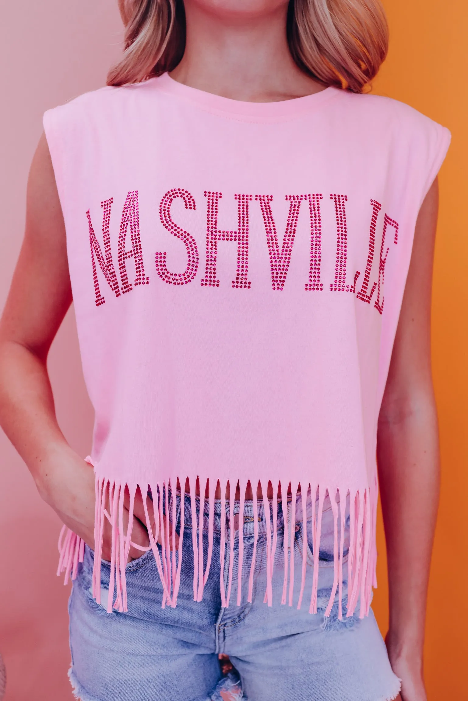 Rhinestone Nashville Fringe Graphic Tank Top - Pink