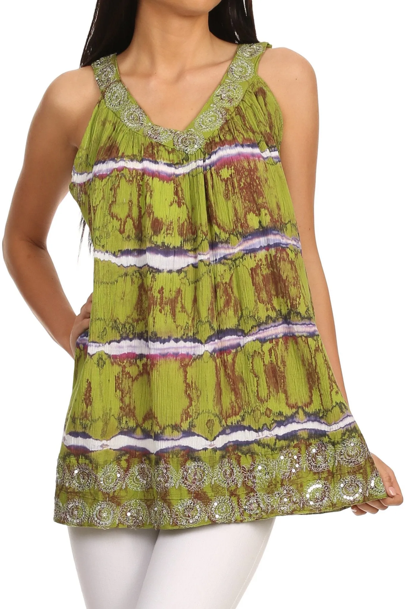 Sakkas Naya Sequin Embroidered Relaxed Fit Sleeveless V-Neck Top