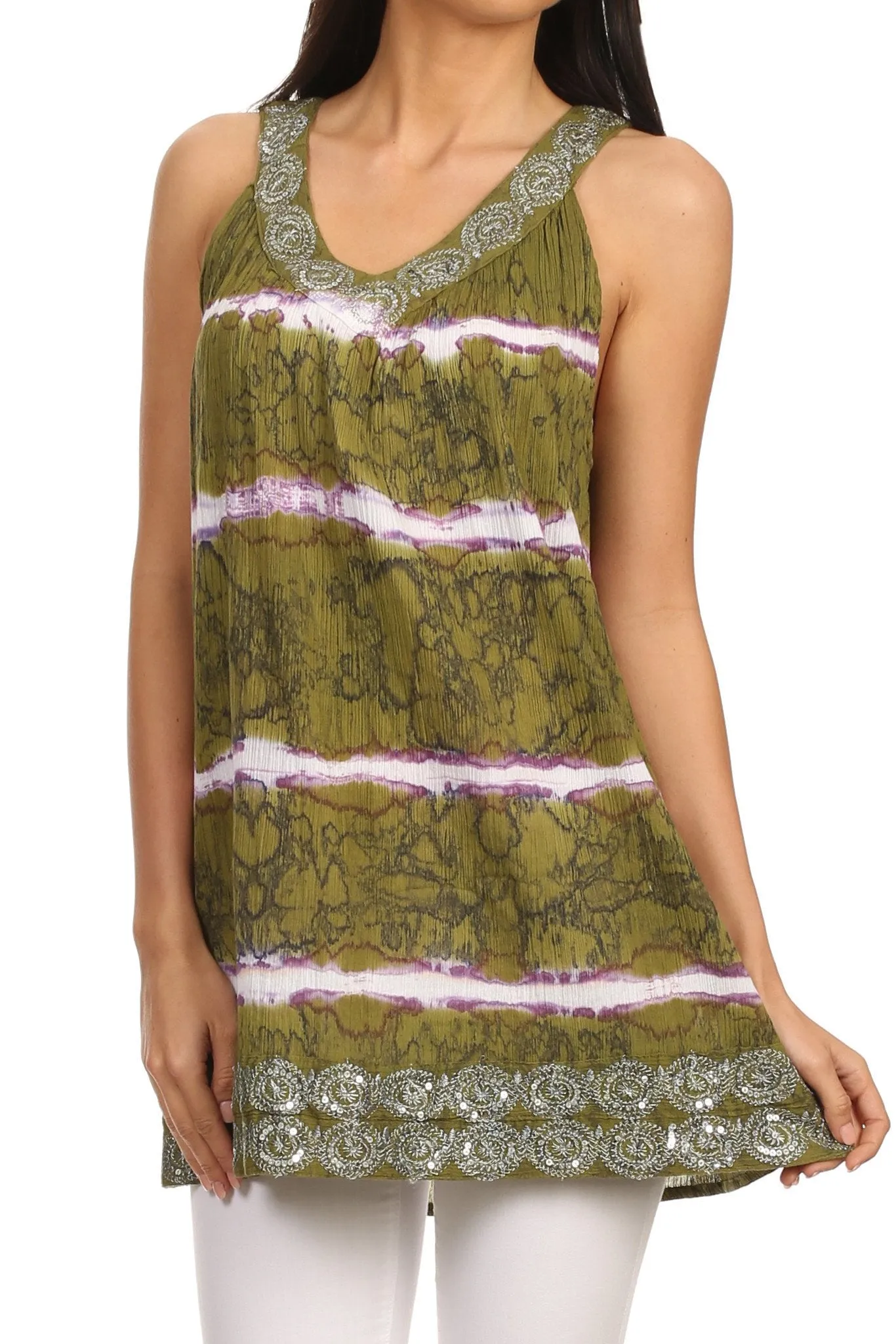 Sakkas Naya Sequin Embroidered Relaxed Fit Sleeveless V-Neck Top