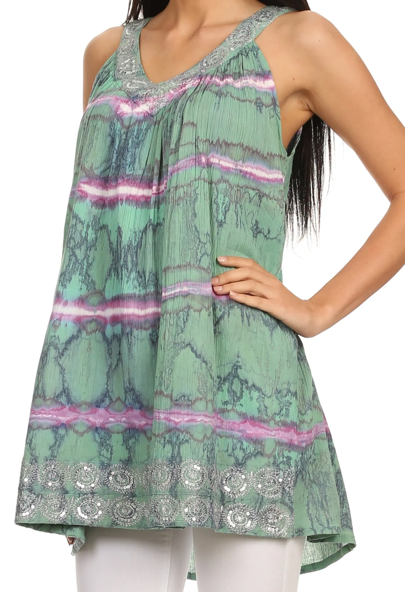 Sakkas Naya Sequin Embroidered Relaxed Fit Sleeveless V-Neck Top