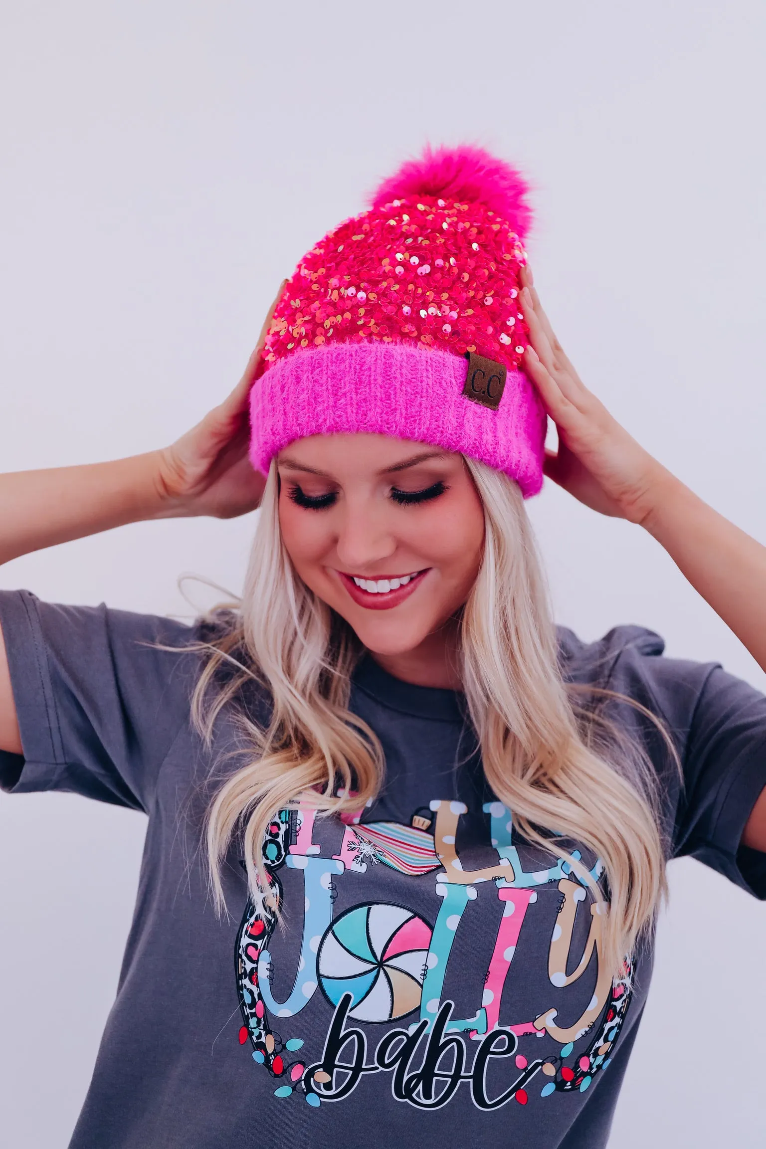 Savvy Sequin Pom Beanie - Hot Pink