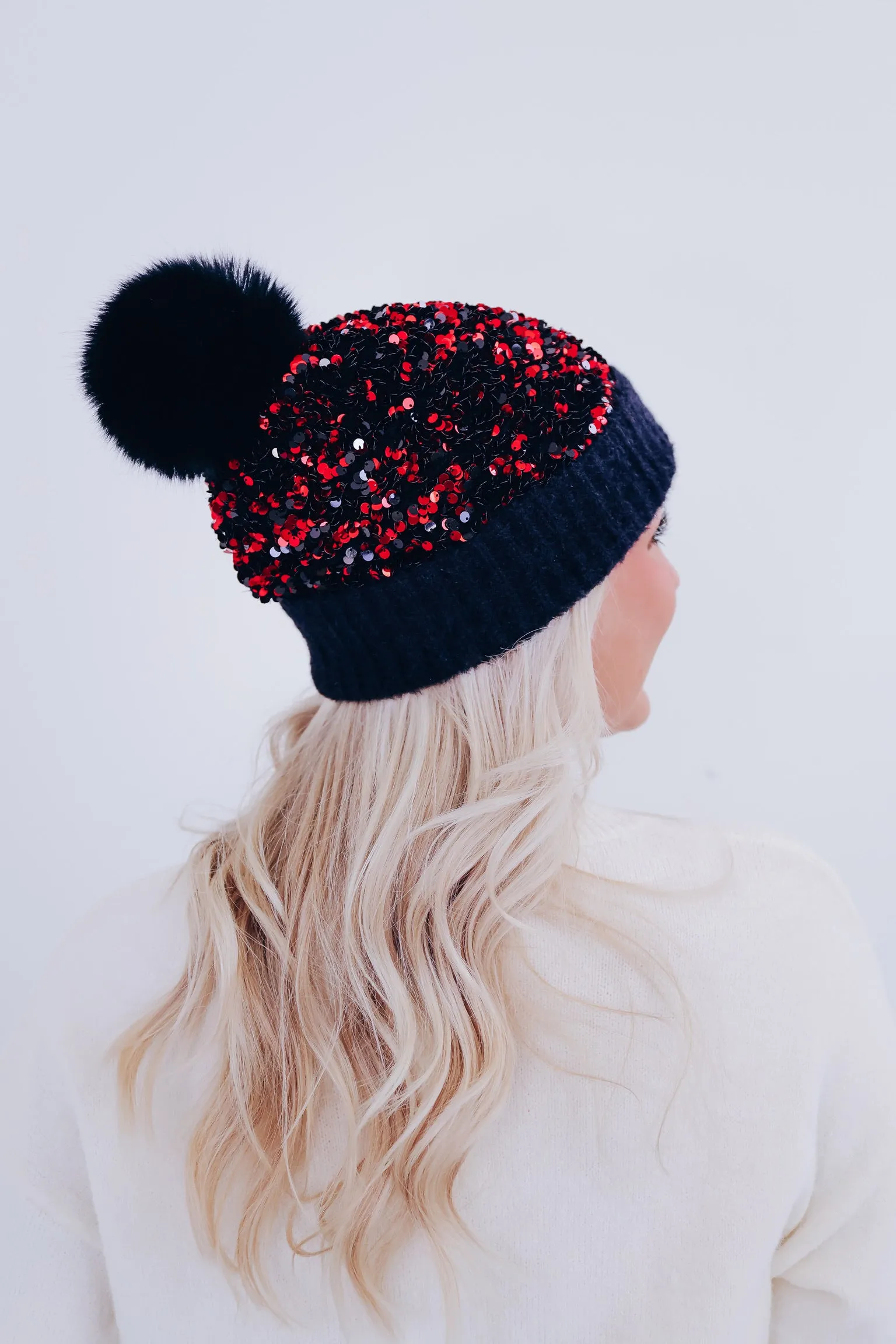 Savvy Sequin Pom Beanie - Red Sequin