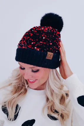 Savvy Sequin Pom Beanie - Red Sequin