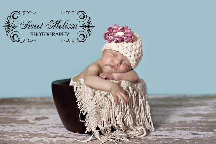 SET White Mongolian Fur and Cherry Blossom Hat Photography Prop Newborn Baby